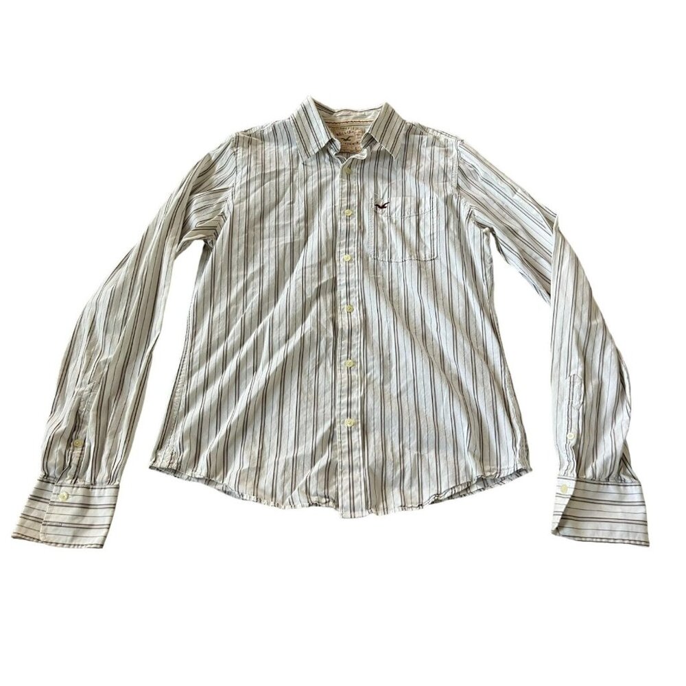 Hollister California Mens Button Up Shirt White Red Size Large Striped Collared
